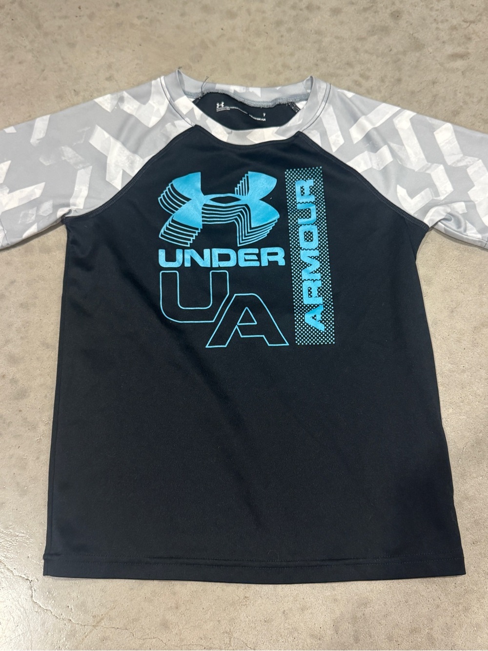 Under Armour Black Shirt with Gray Camo Sleeves & Teal Logo